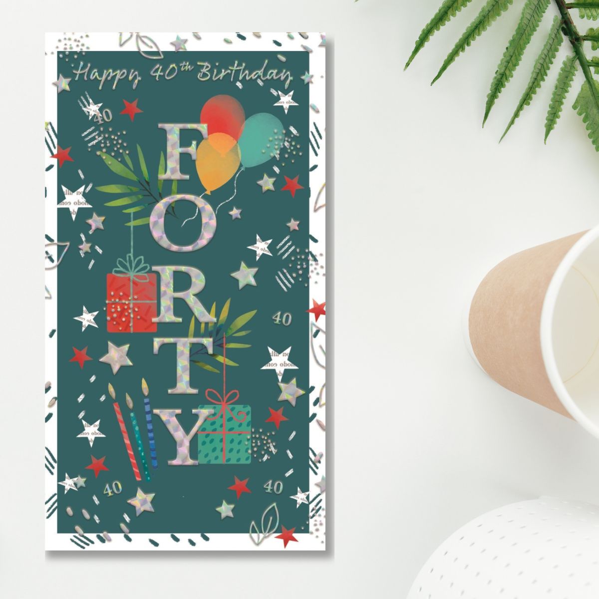 40th Birthday Card - Holographic Gift & Balloons