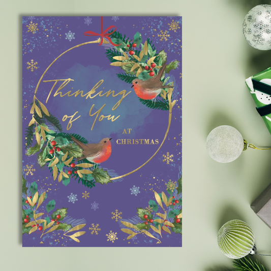 Thinking Of You Christmas Card - Robin Wreath