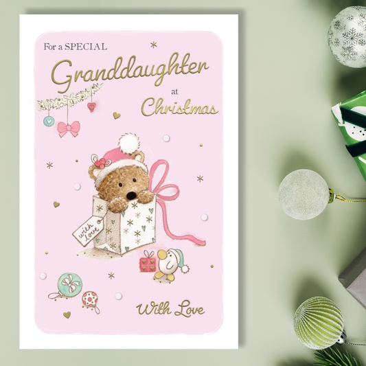 Granddaughter Christmas Card - Barley Bear & Gift