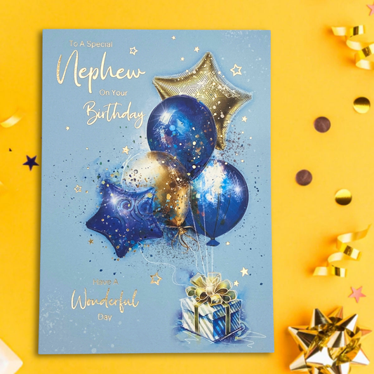 Nephew Birthday Card - Gift & Balloons