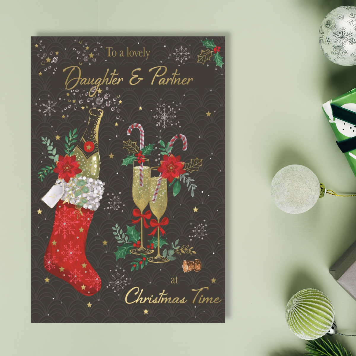 Daughter & Partner Christmas Card - Champagne & Stocking