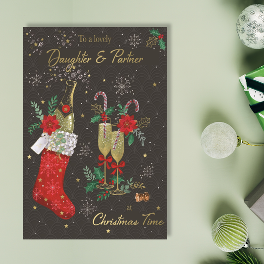 Daughter & Partner Christmas Card - Champagne & Stocking
