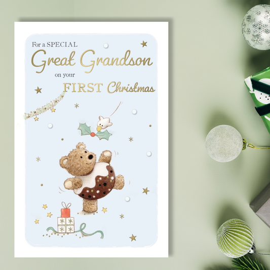 Great Grandson 1st Christmas Card - Pudding Bear