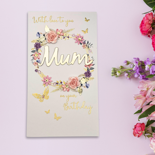 Mum Birthday Card - Champagne Decoupage Floral Hoop