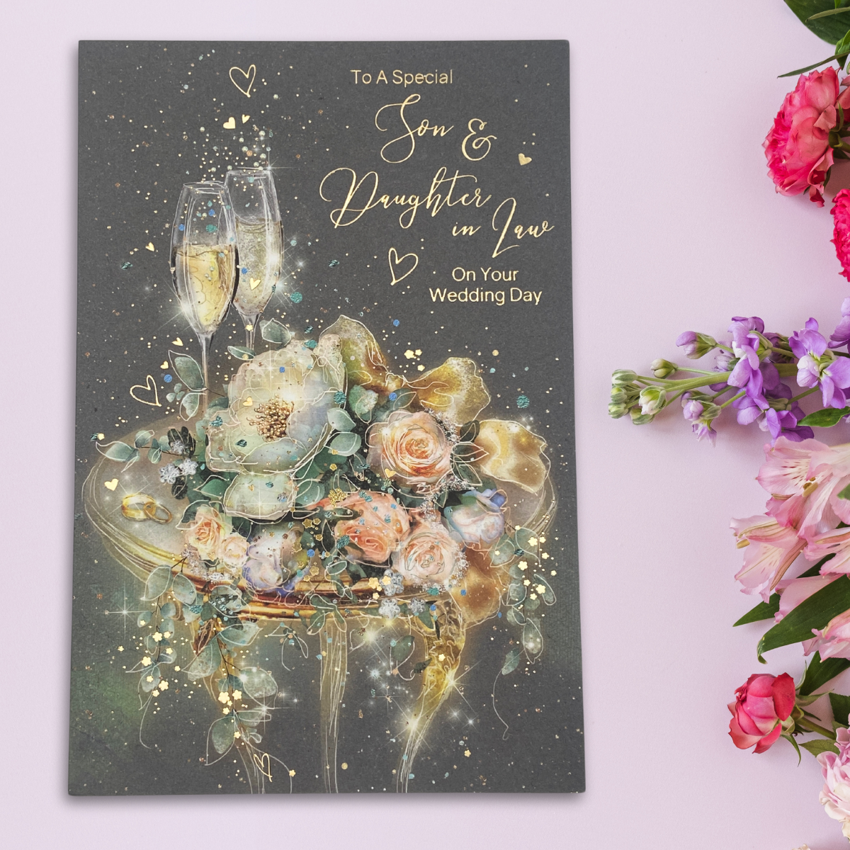 Son & Daughter-In-Law Wedding Day Card - Grace Flowers & Flutes