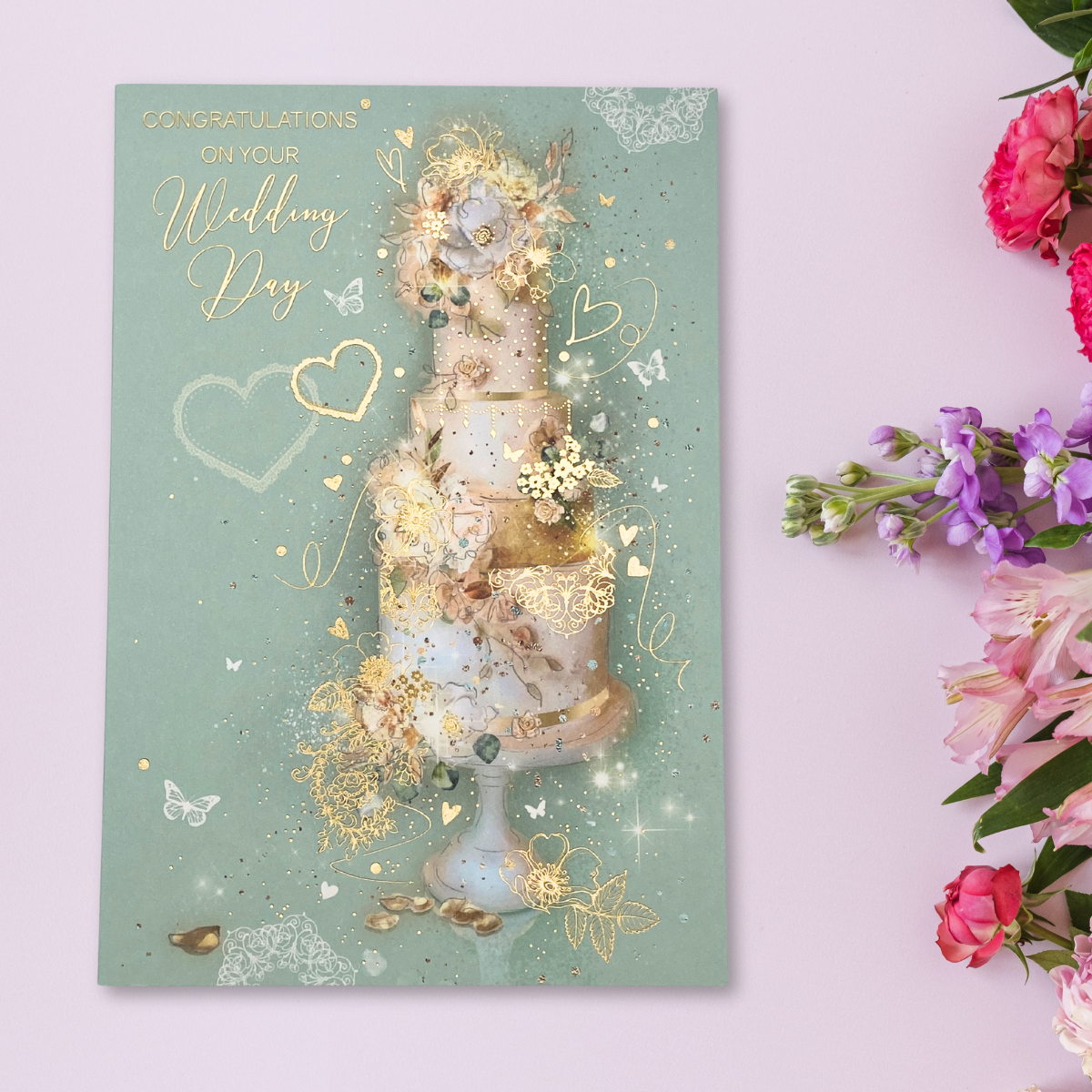 Wedding Day Card - Grace Beautiful Cake & Hearts