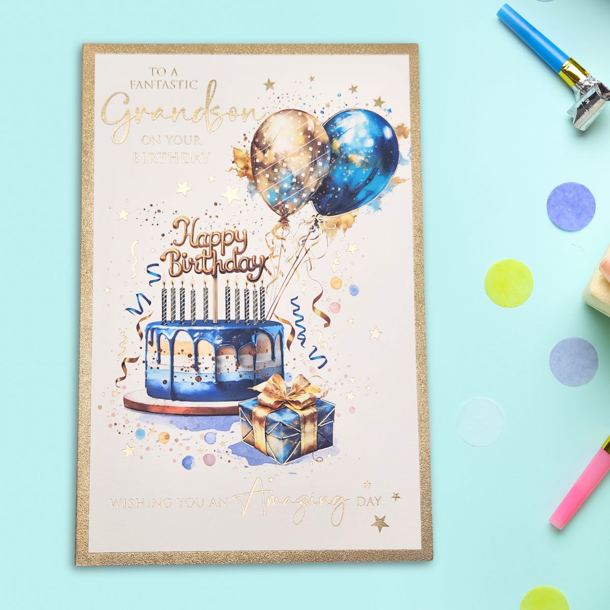 Grandson Birthday Card - Bliss Cake & Balloons