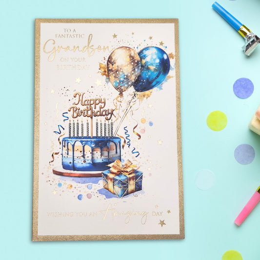 Grandson Birthday Card - Bliss Cake & Balloons