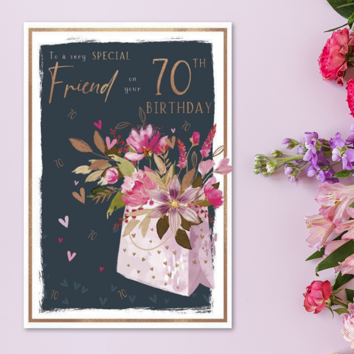 Friend 70th Birthday Card - Skylight Flowers & Hearts