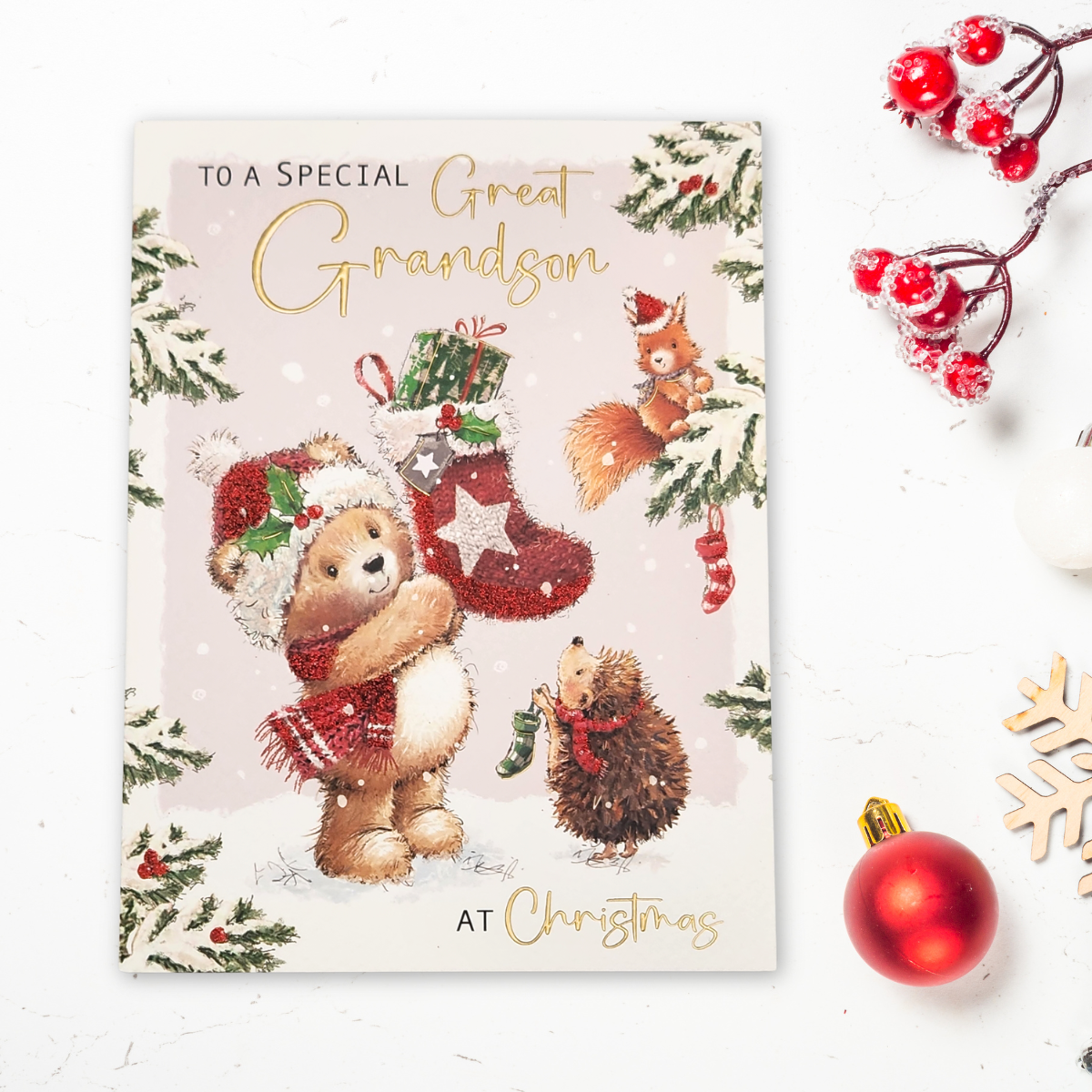 Great Grandson Christmas Card - Woodi Bear