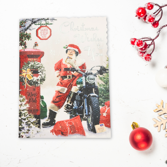 Open Christmas Card - Velvet Santa & Motorbike