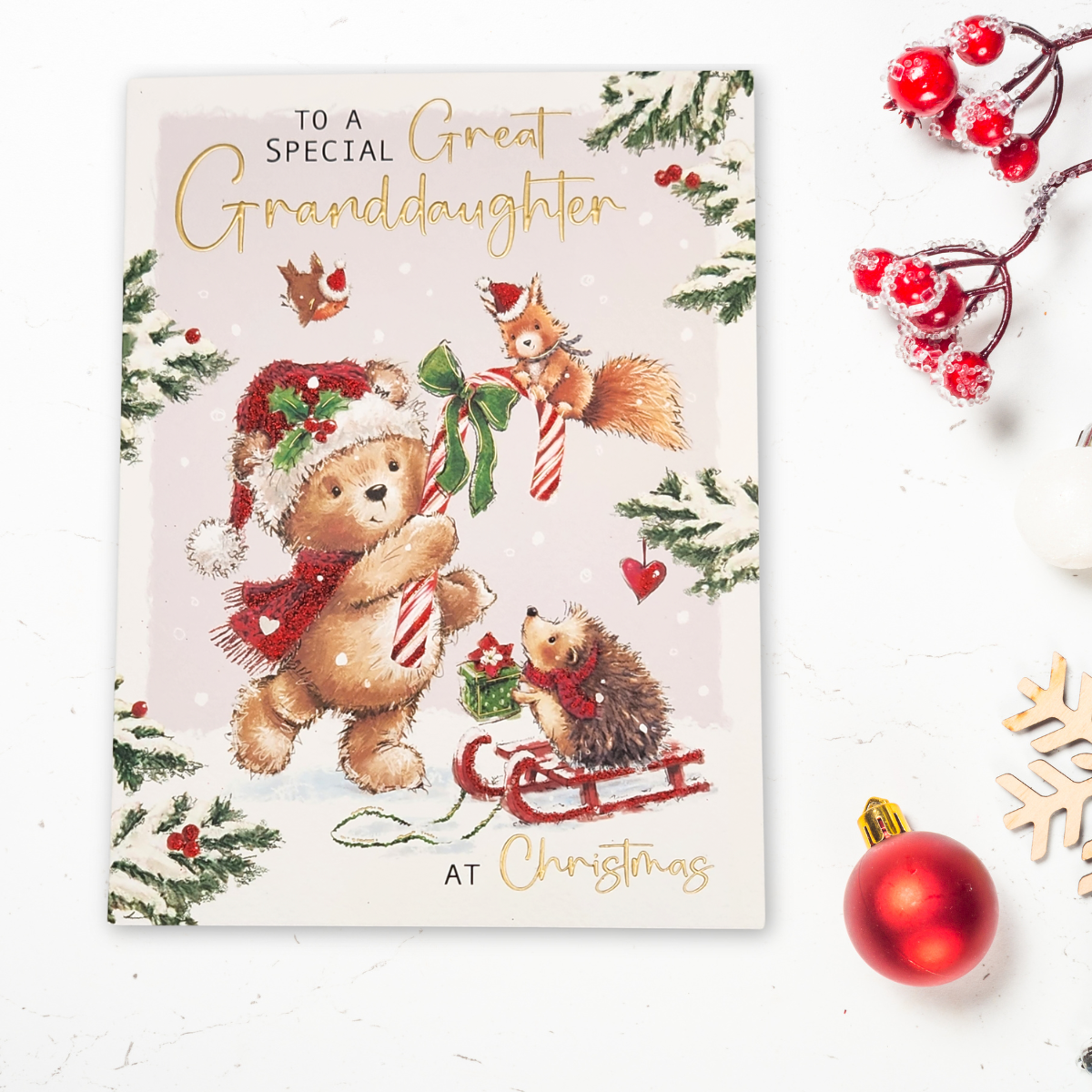 Great Granddaughter Christmas Card - Woodi Bear