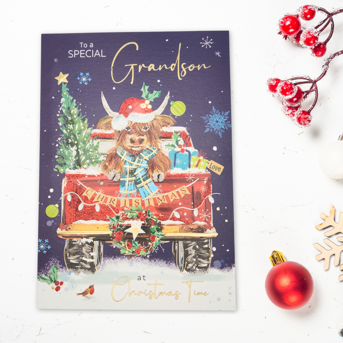 Grandson Christmas Card - Merry & Bright Highland Cow