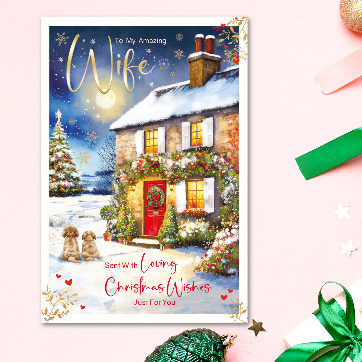 Wife Christmas Card - Christmas Cottage & Puppies