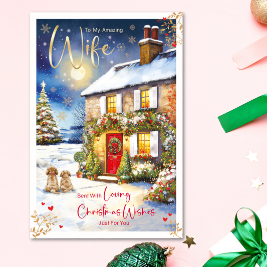 Wife Christmas Card - Christmas Cottage & Puppies