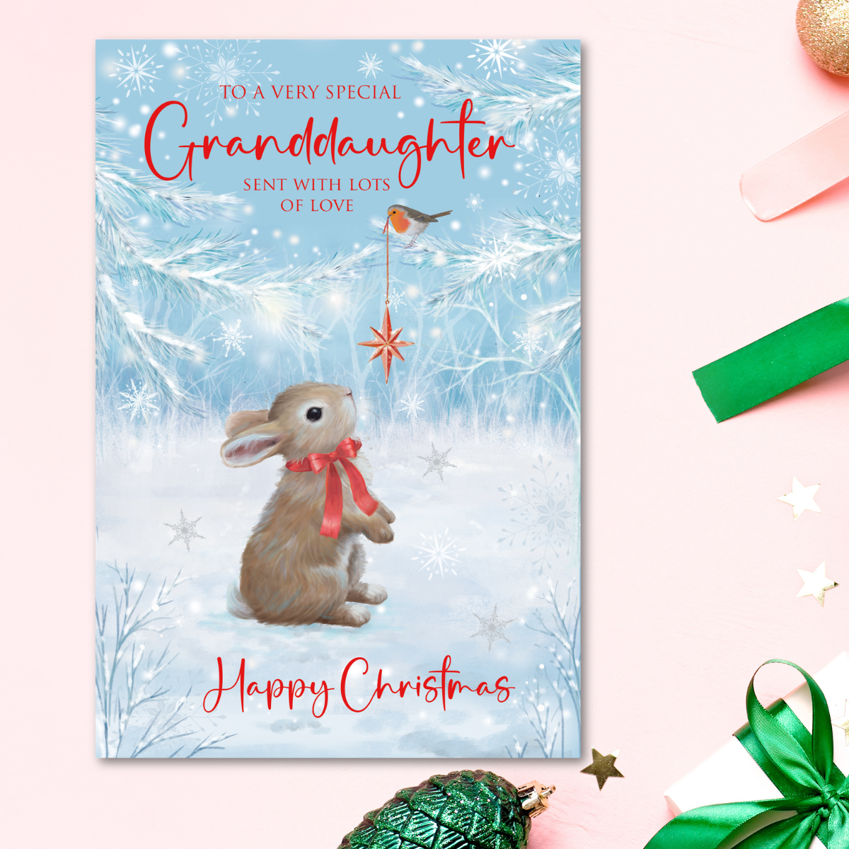 Granddaughter Christmas Card - Snow Bunny & Robin