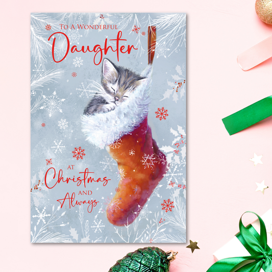 Daughter Christmas Card - Kitten & Stocking