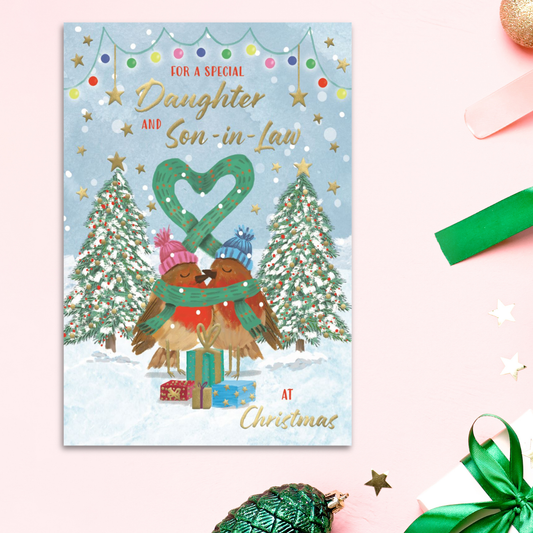Daughter & Son-In-Law Christmas Card - Robins & Heart Scarf
