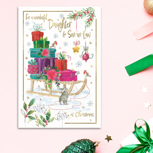 Daughter & Son-In-Law Christmas Card - Gift Sleigh & Rabbit