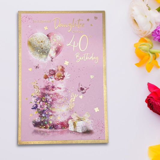 Daughter 40th Birthday Card - Cake & Balloons