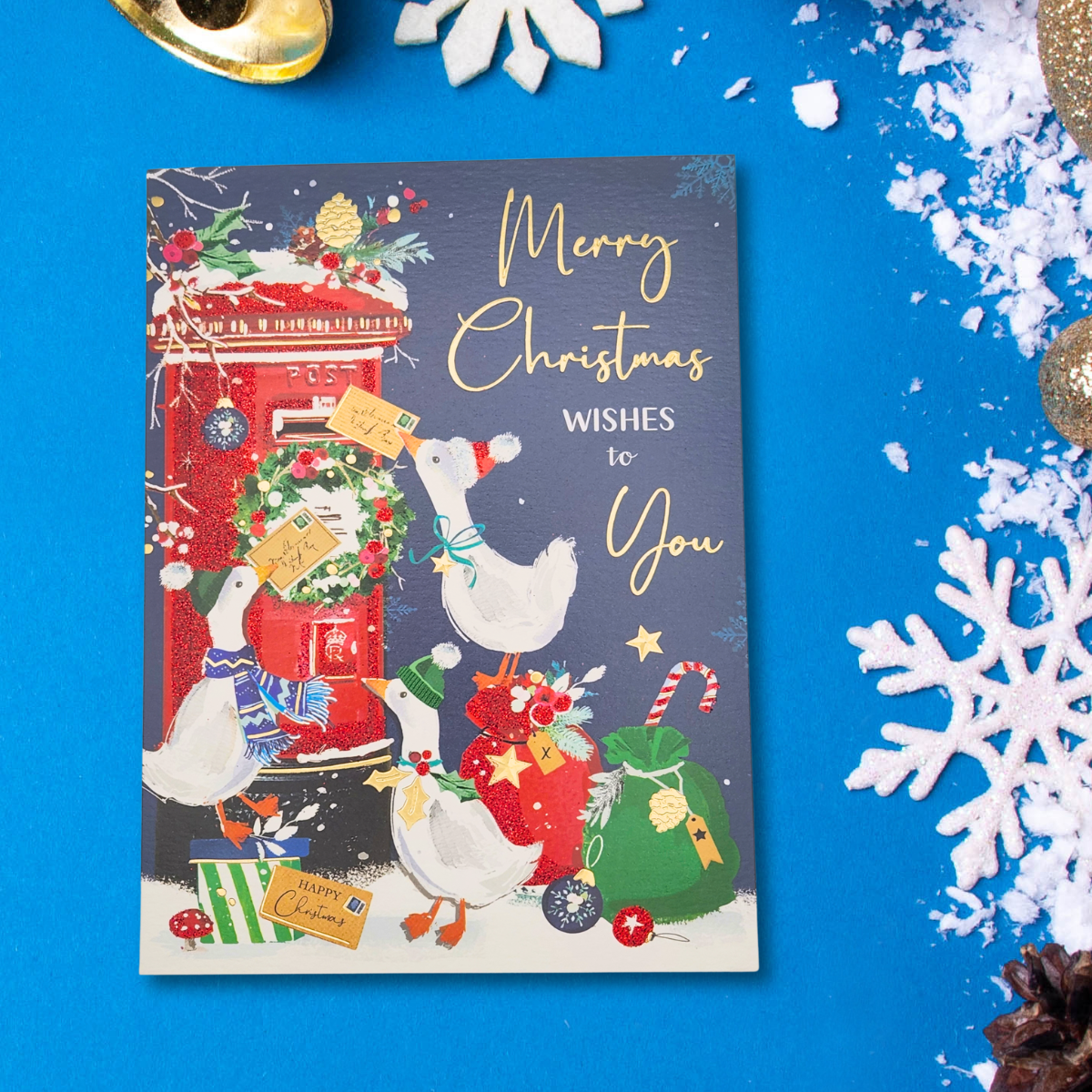 Open Christmas Card  - Merry & Bright Geese & Postbox