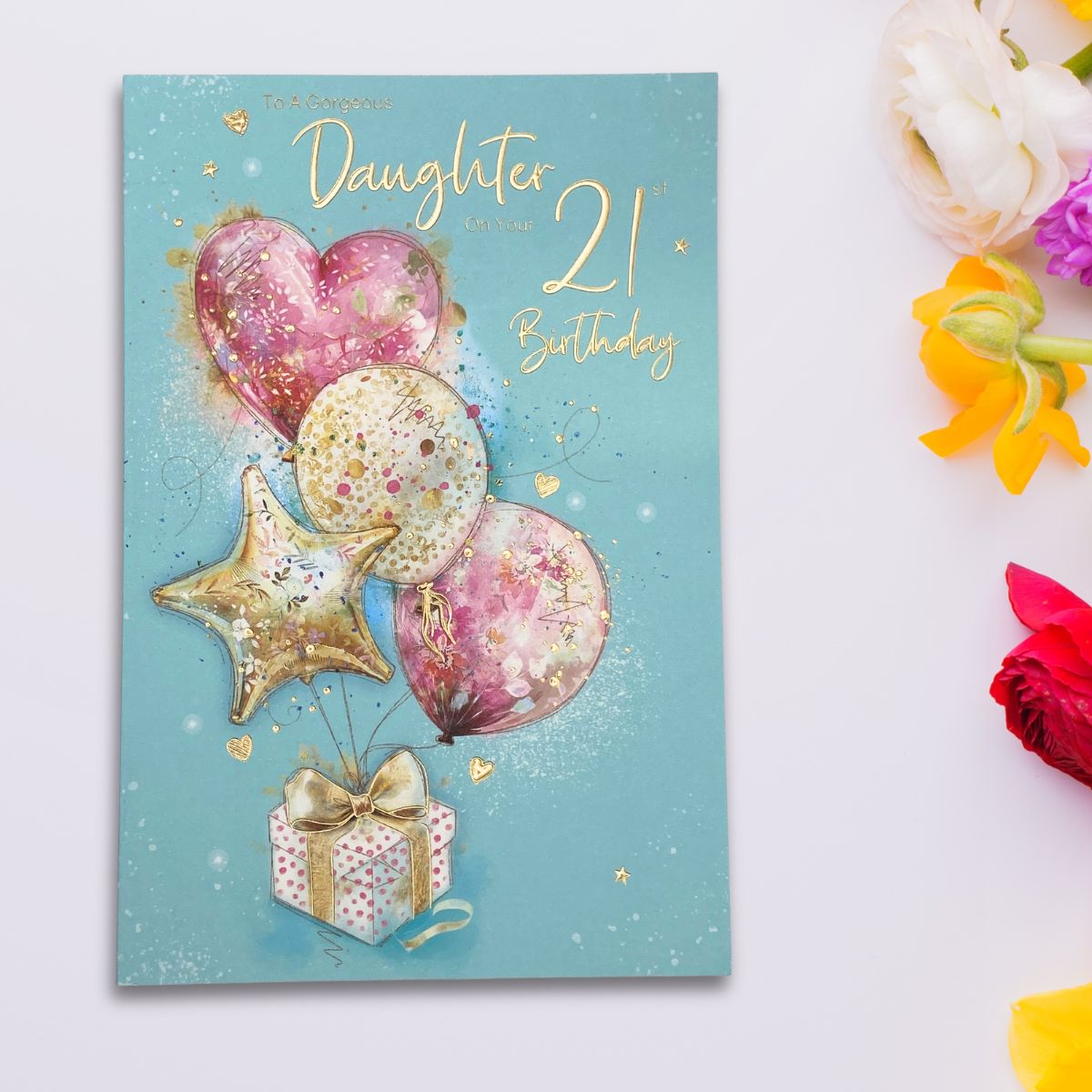 Daughter 21st Birthday Card - Balloons & Gift