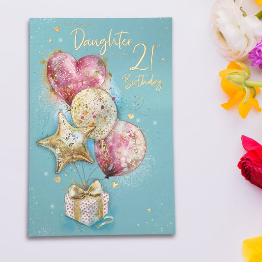 Daughter 21st Birthday Card - Balloons & Gift