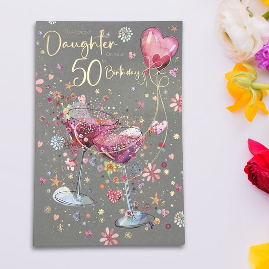 Daughter 50th Birthday Card - Fizz, Flowers & Balloons