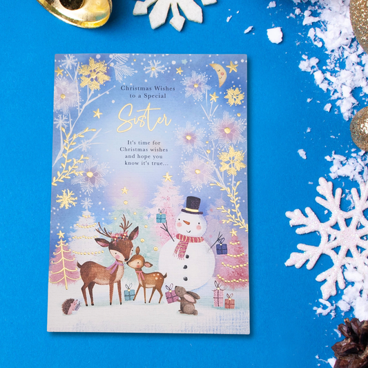 Sister Christmas Card - Snowman & Friends