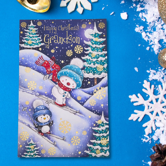 Grandson Christmas Card - Snowman & Friends