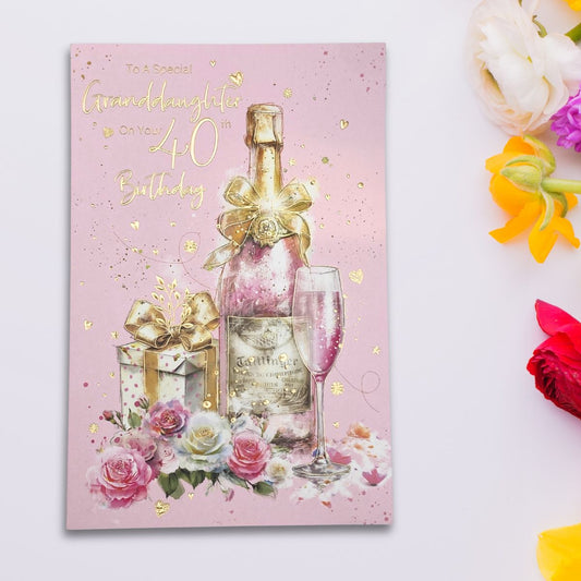 Granddaughter 40th Birthday Card - Champagne & Gifts