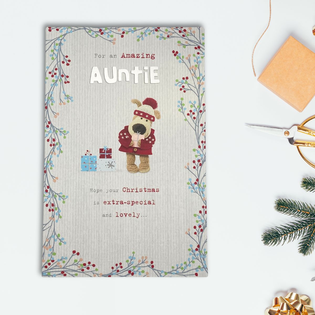 Auntie Christmas Card - Boofle Bear & Gift