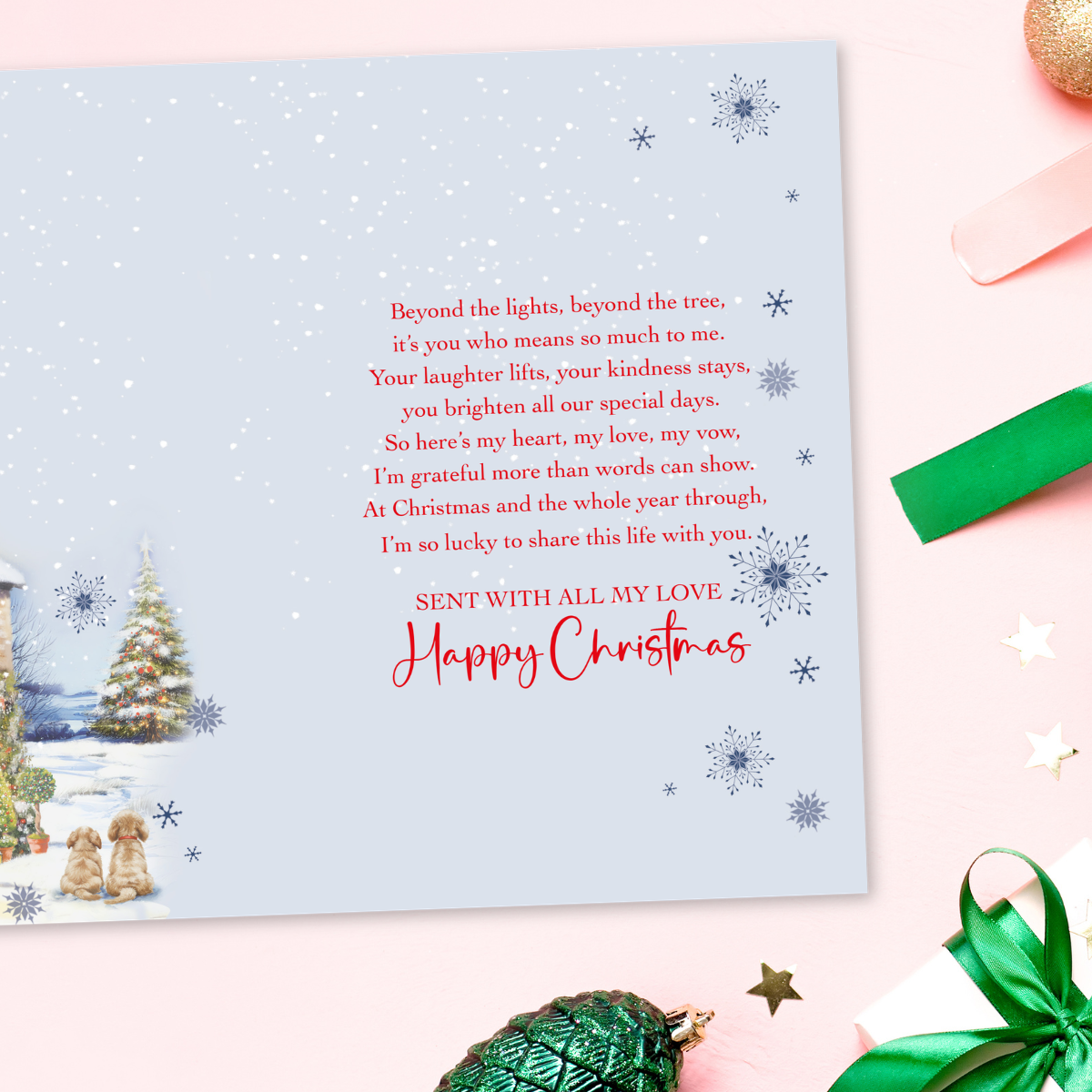 Wife Christmas Card - Christmas Cottage & Puppies