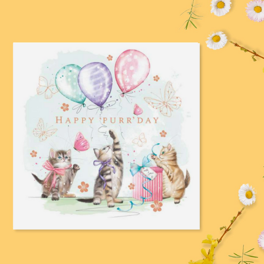 Cat Themed Birthday Card Featuring Cats Playing With Balloons