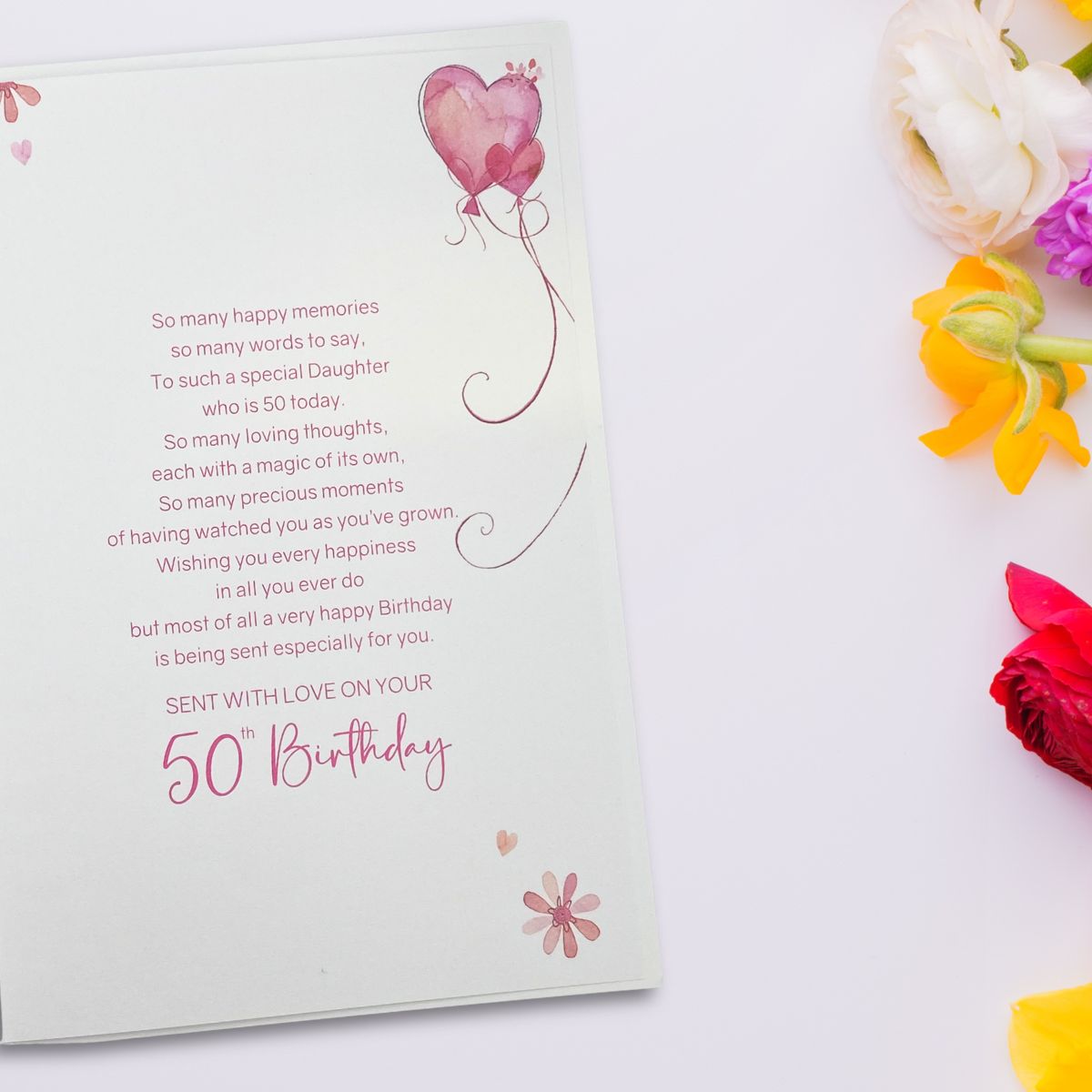Daughter 50th Birthday Card - Fizz, Flowers & Balloons