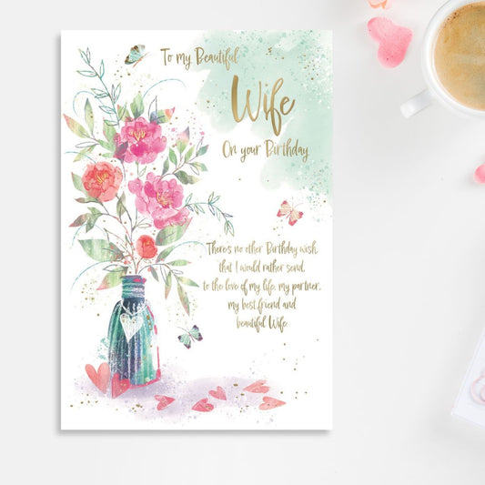 Wife Birthday Card - Awash With Colour Floral Vase