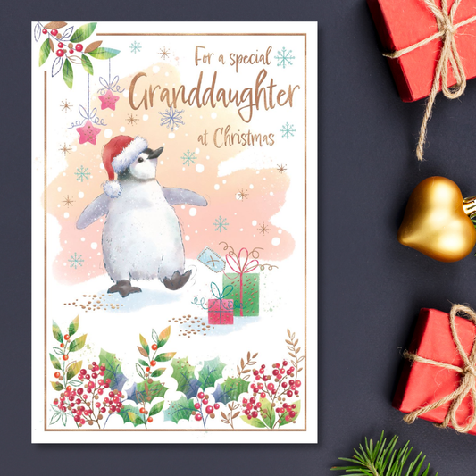 Granddaughter Christmas Card - Awash With Colour Penguin