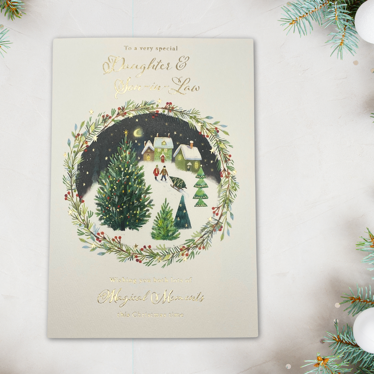 Daughter & Son-In-Law Christmas Card - Snow Scene & Wreath