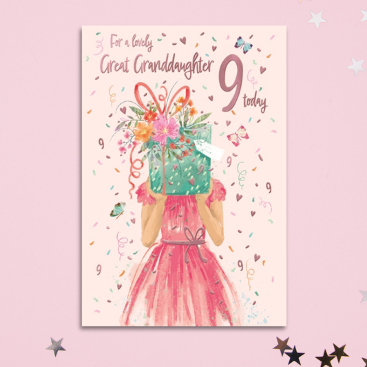 Great Granddaughter 9th Birthday Card - Girl & Gifts
