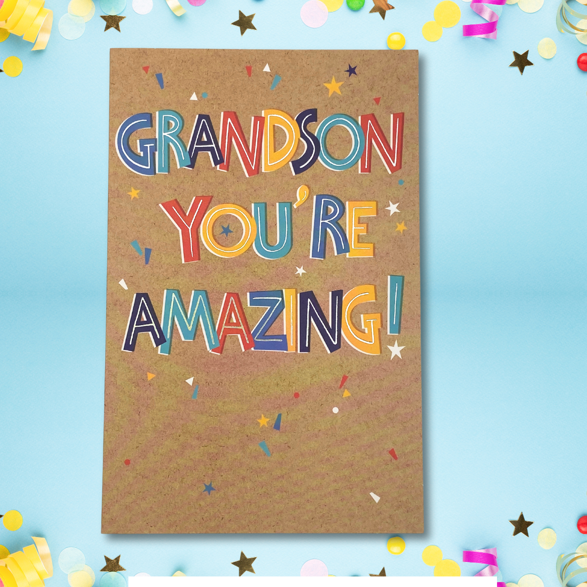 Grandson Birthday Card - Colourful Text & Stars