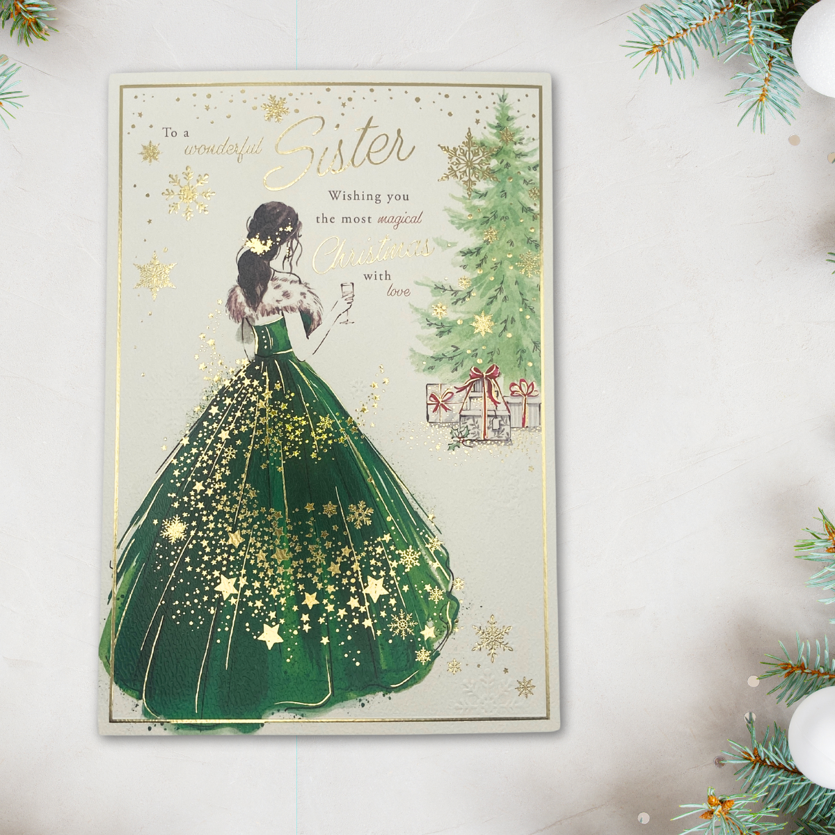 Sister Christmas Card - Green Dress & Stars