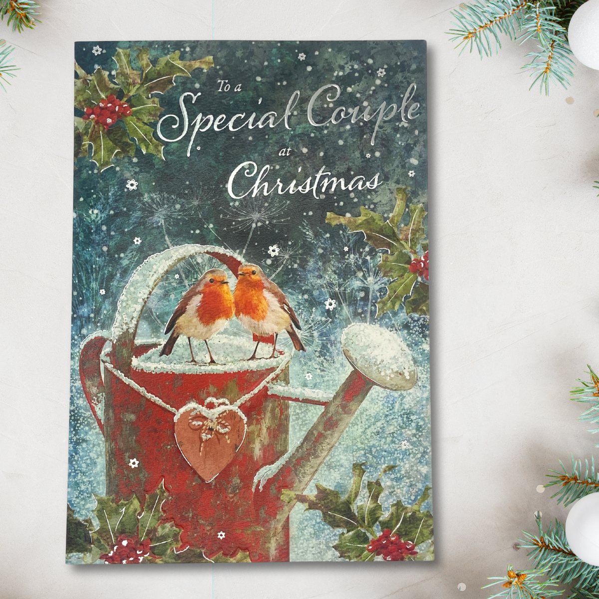 Special Couple Christmas Card - Robins On Watering Can