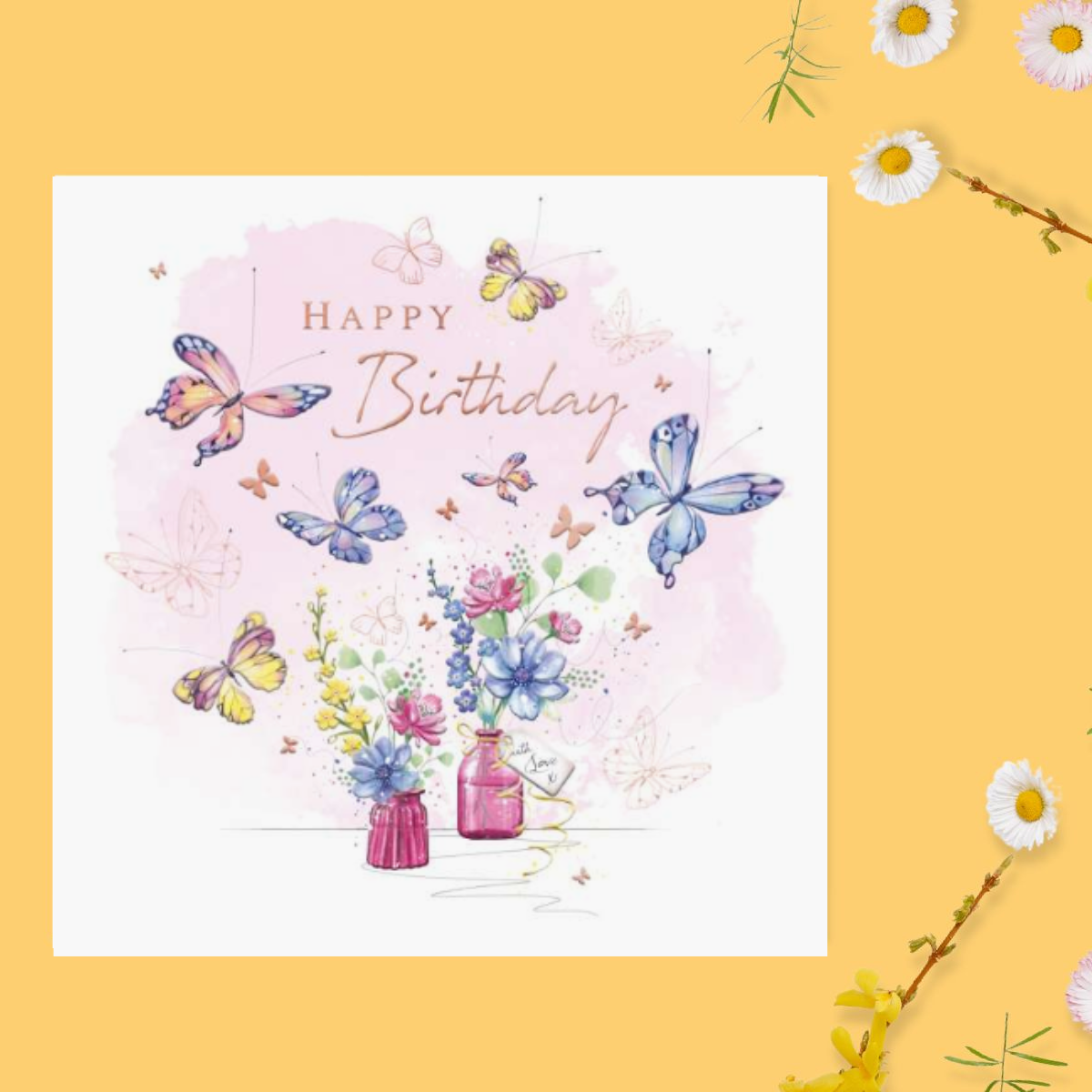 Blush Birthday Card - Butterflies & Flowers