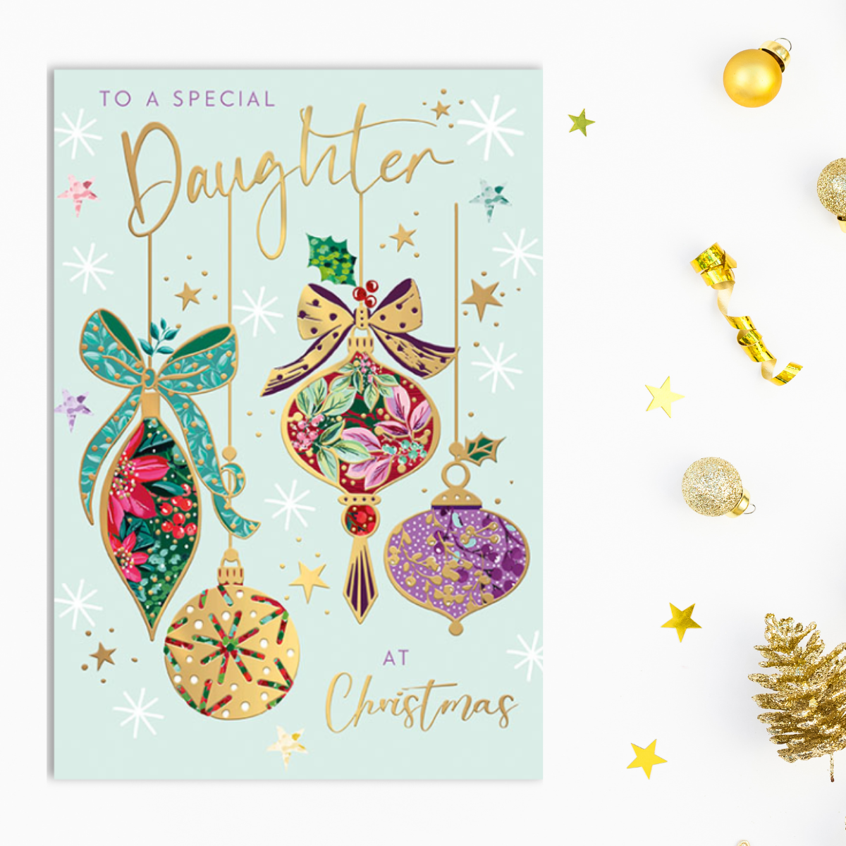 Daughter Christmas Card - Decorated Baubles