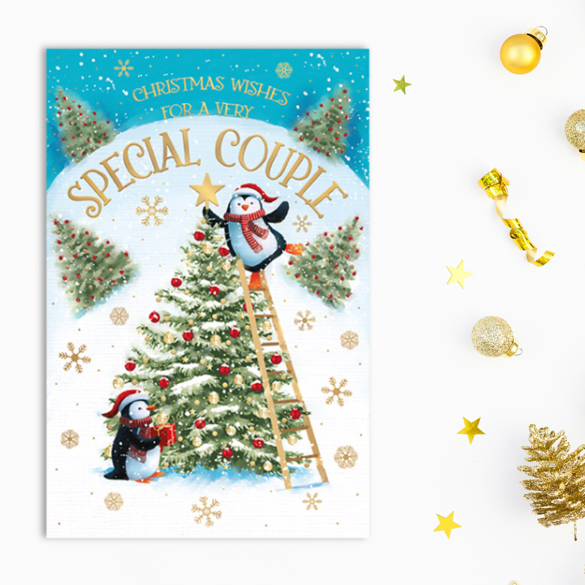 Special Couple Christmas Card - Penguins Decorating The Tree