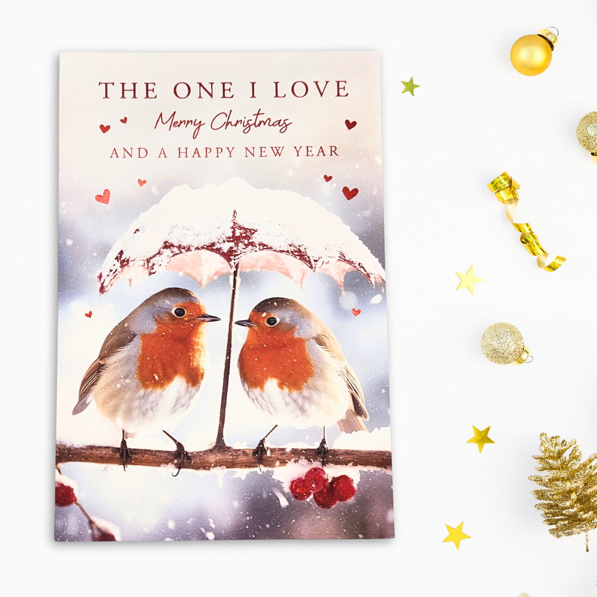 One I Love Christmas Card - Robins Under Umbrella