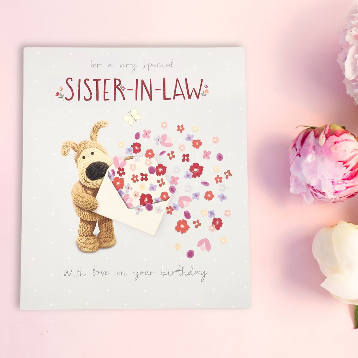 Sister-In-Law Birthday Card - Boofle Bear Envelope & Flowers