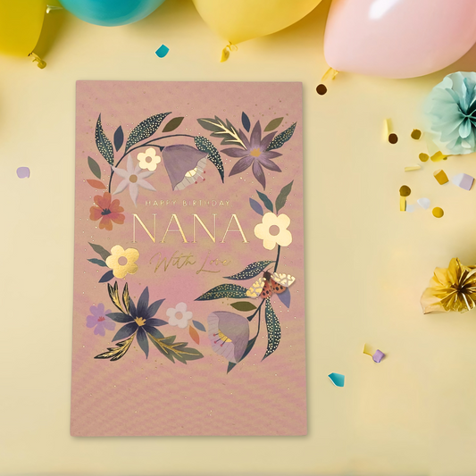 Nana Birthday Card - Pink Floral Border