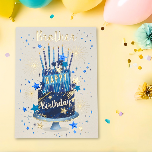 Brother Birthday Card - Blue & Gold Cake