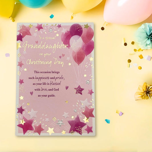 Christening Card Granddaughter - Most Especially For You Pink Stars